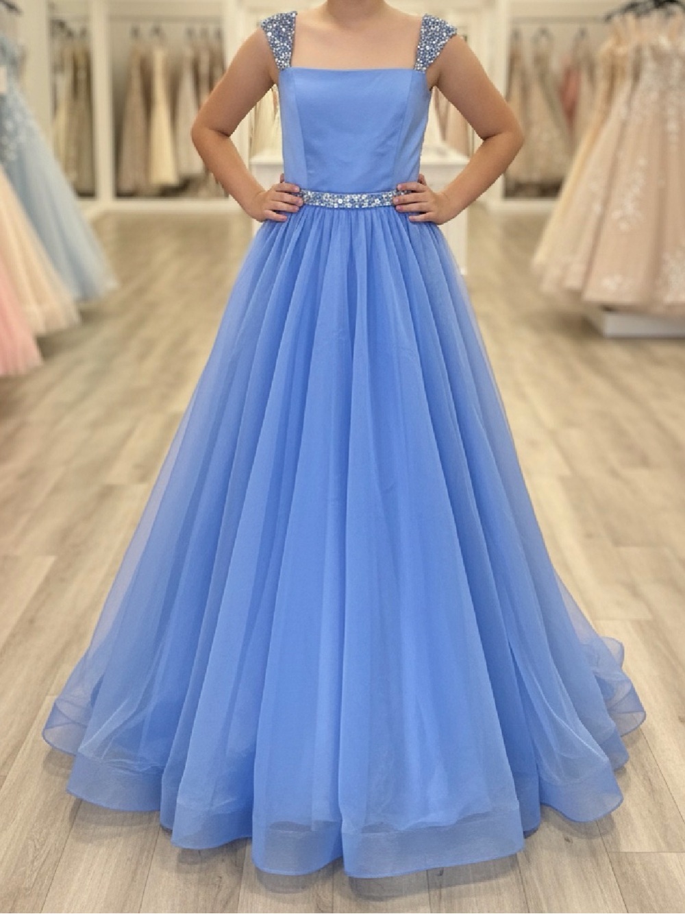 Sherri Hill Girls Periwinkle Tulle Ball Gown with Beaded Accents